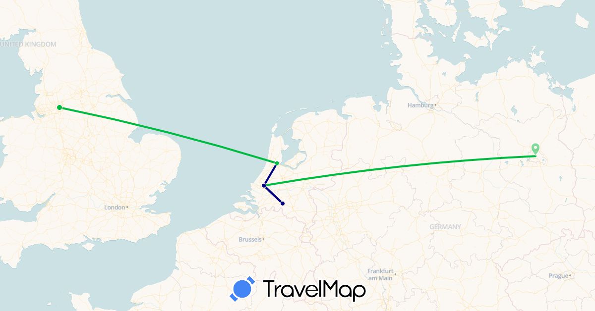 TravelMap itinerary: driving, bus in Germany, United Kingdom, Netherlands (Europe)